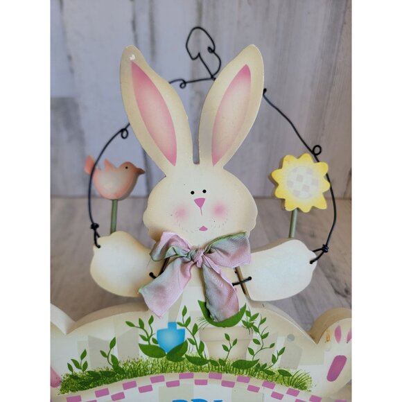 Vintage wooden easter bunny rabbit happy Springtime hanging wall decor - Picture 5 of 6